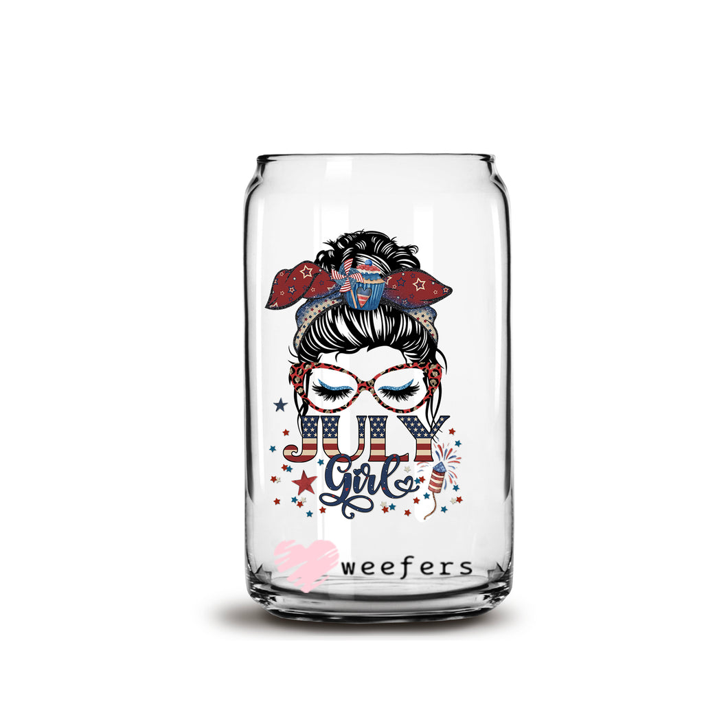 Messy Bun July Girl Birthday Month 16oz Libbey Glass Can UV-DTF or Sublimation Wrap - Decal