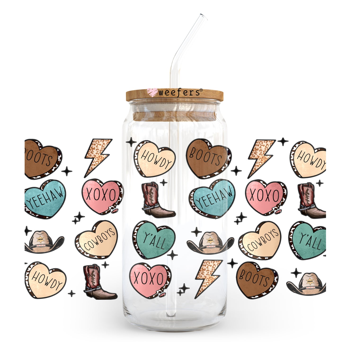 Western Conversational Hearts Valentine's Day 20oz Libbey Glass Can UV DTF or Sublimation Wrap - Decal Weefers
