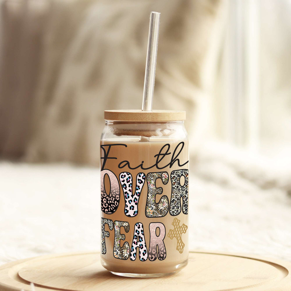 Faith over Fear 16oz Libbey Glass Can UV DTF or Sublimation Wrap - Decal Weefers