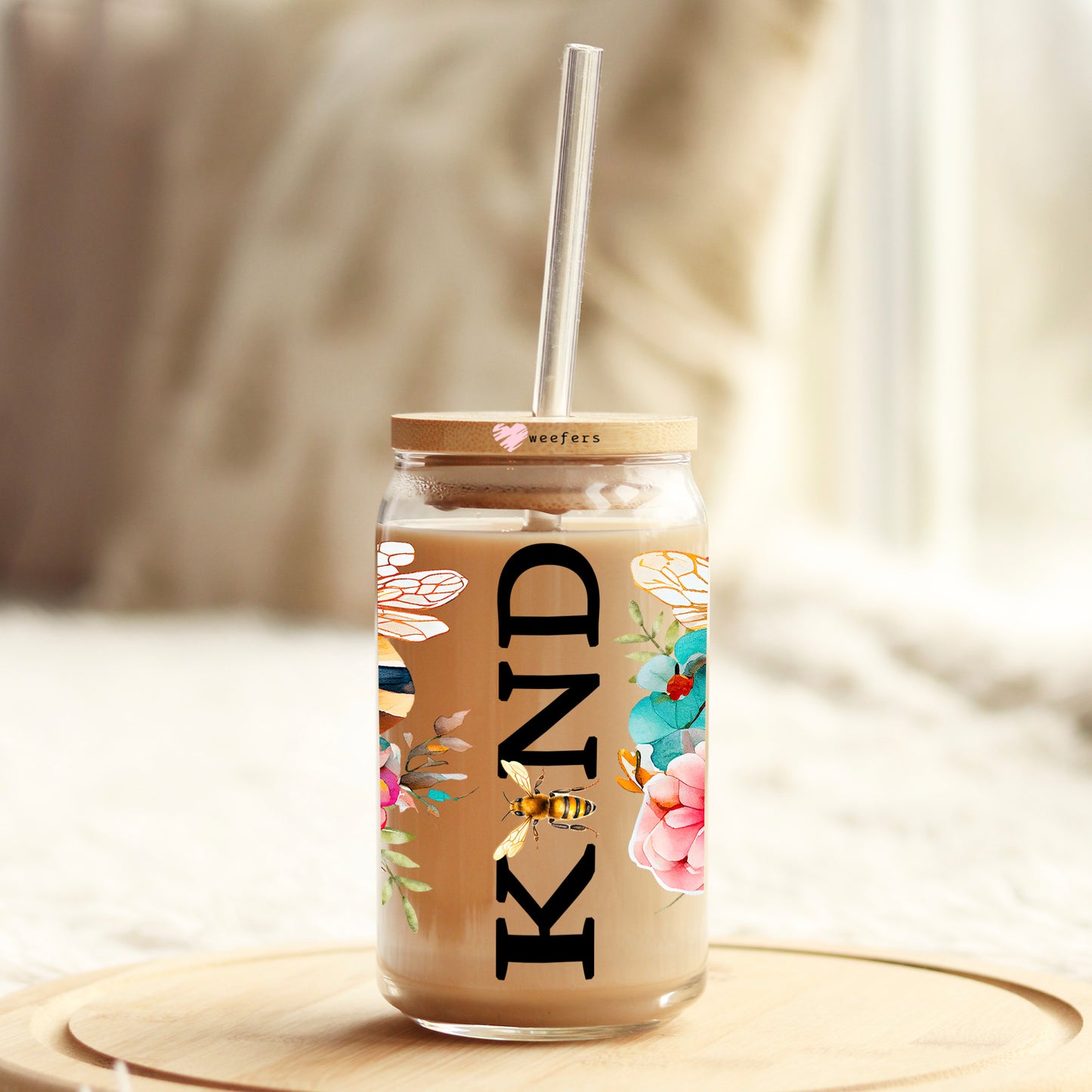 Be Kind Teal Floral 16oz Libbey Glass Can UV DTF or Sublimation Cup Wrap - Decal Transfer Weefers