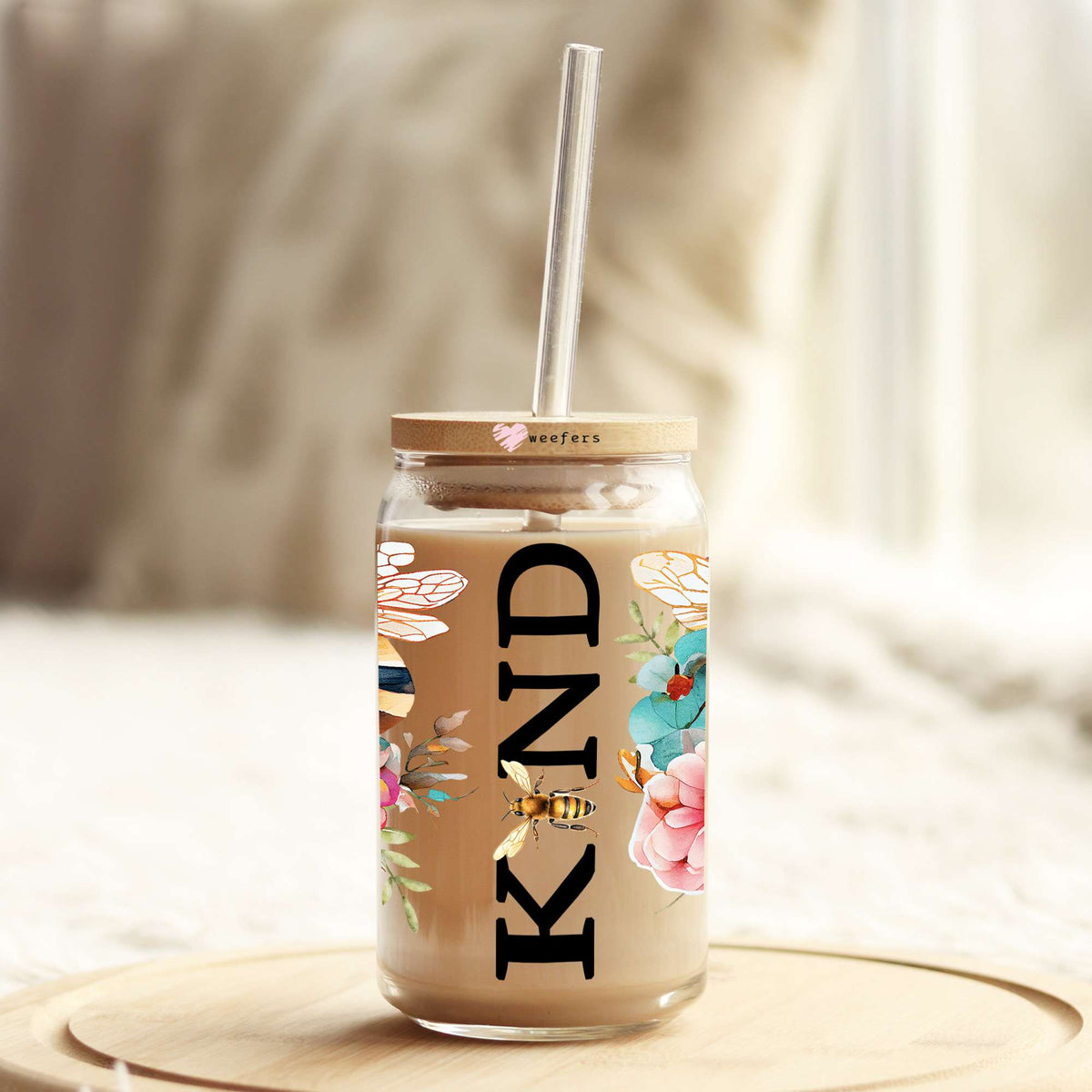 Be Kind Teal Floral 16oz Libbey Glass Can UV DTF or Sublimation Cup Wrap - Decal Transfer Weefers