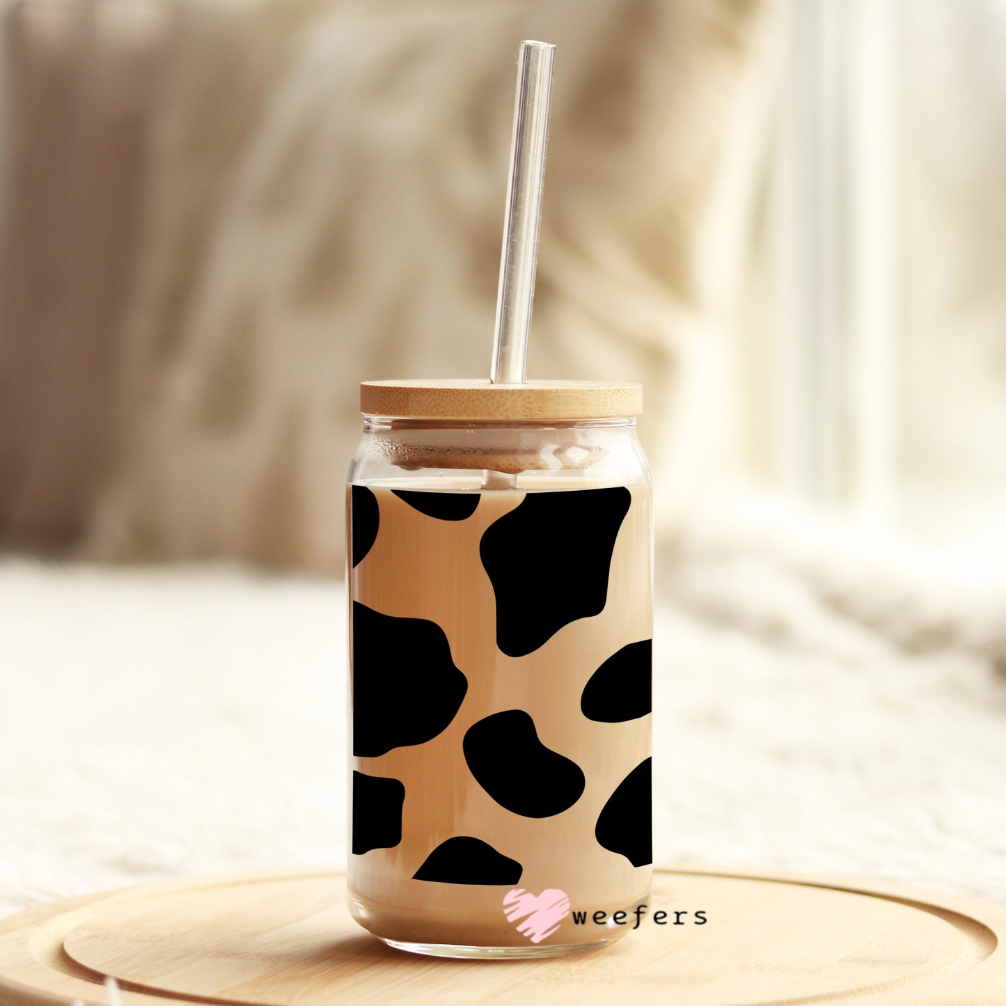 Black Cow Print 16oz Libbey Glass Can UV DTF or Sublimation Wrap - Decal Weefers