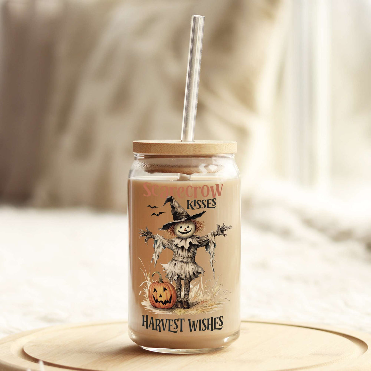 Scarecrow Kisses Harvest Wishes Vintage Fall 16oz Libbey Glass Can UV DTF or Sublimation Wrap - Decal Weefers