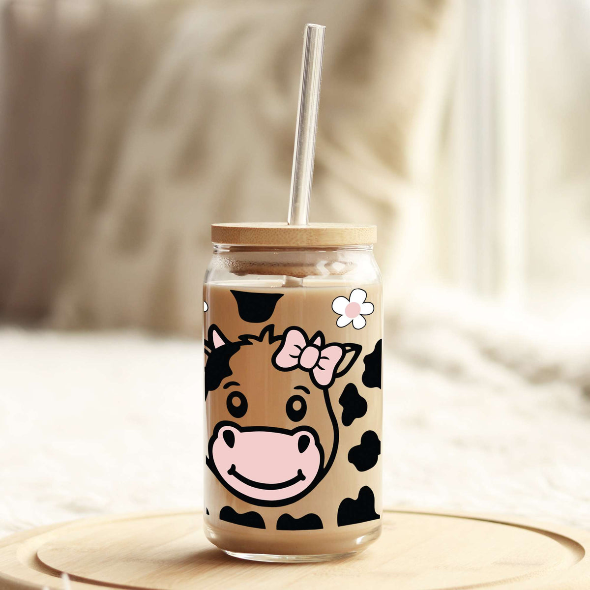 Smiling Pink and Black Cow Print 16oz Libbey Glass Can UV DTF or Sublimation Cup Wrap - Decal Transfer Weefers