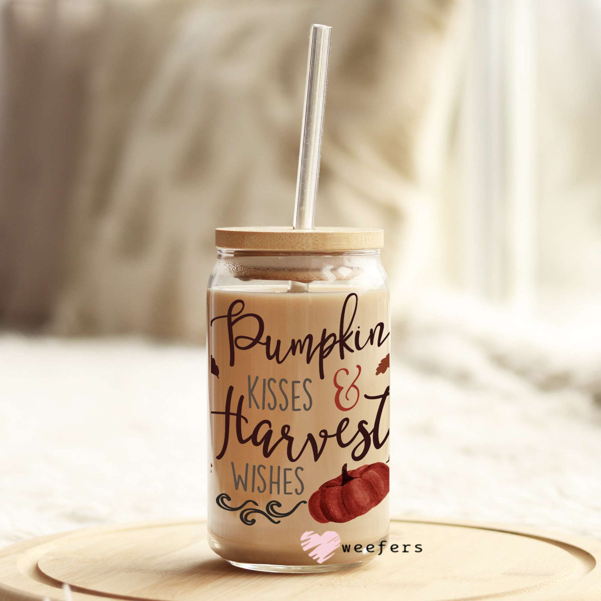 Pumpkin kisses and Harvest Wishes 16oz Libbey Glass Can UV DTF or Sublimation Wrap - Decal Weefers