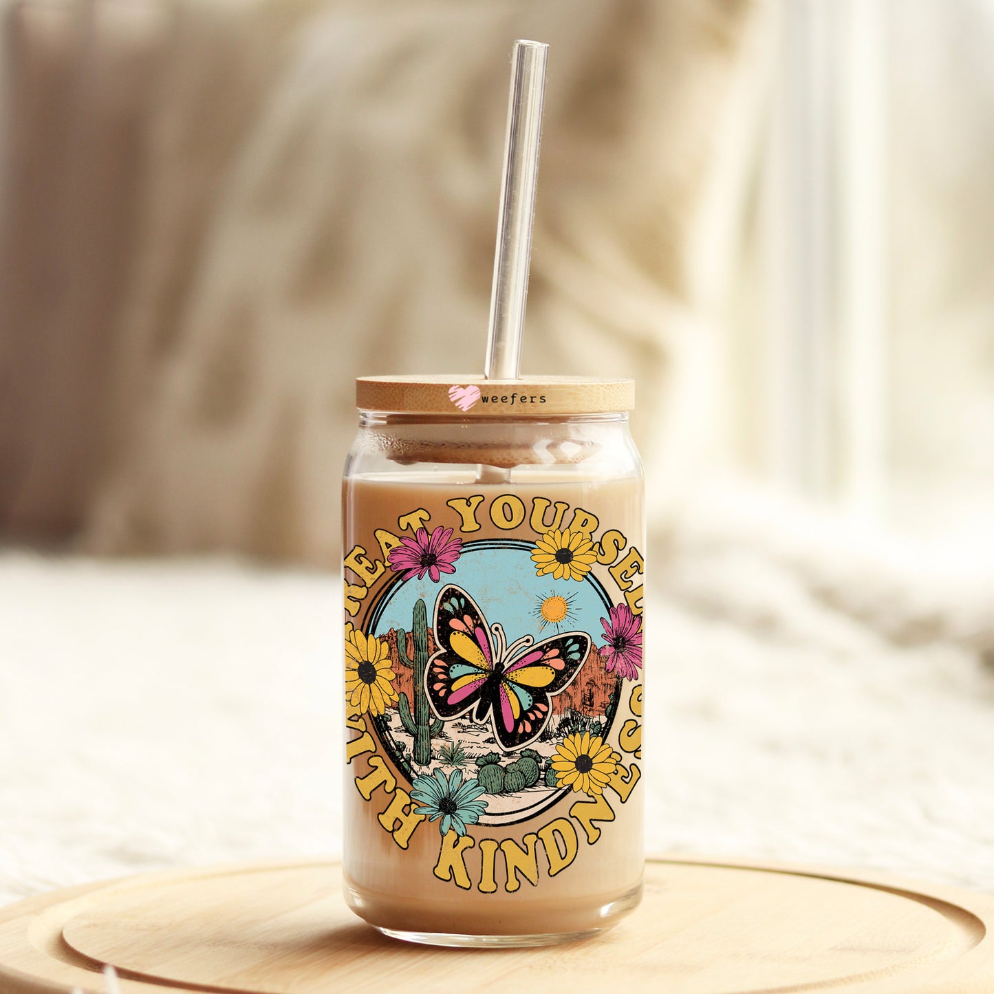 Treat Yourself with Kindness 16oz Libbey Glass Can UV DTF or Sublimation Cup Wrap - Decal Transfer Weefers