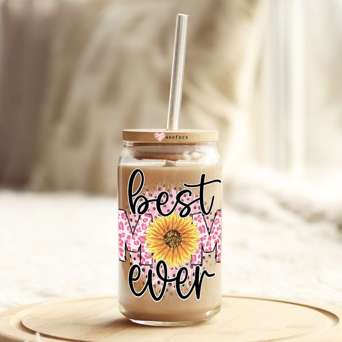 Best Mom Ever Sunflower Pink 16oz Libbey Glass Can UV DTF or Sublimation Wrap - Decal Weefers