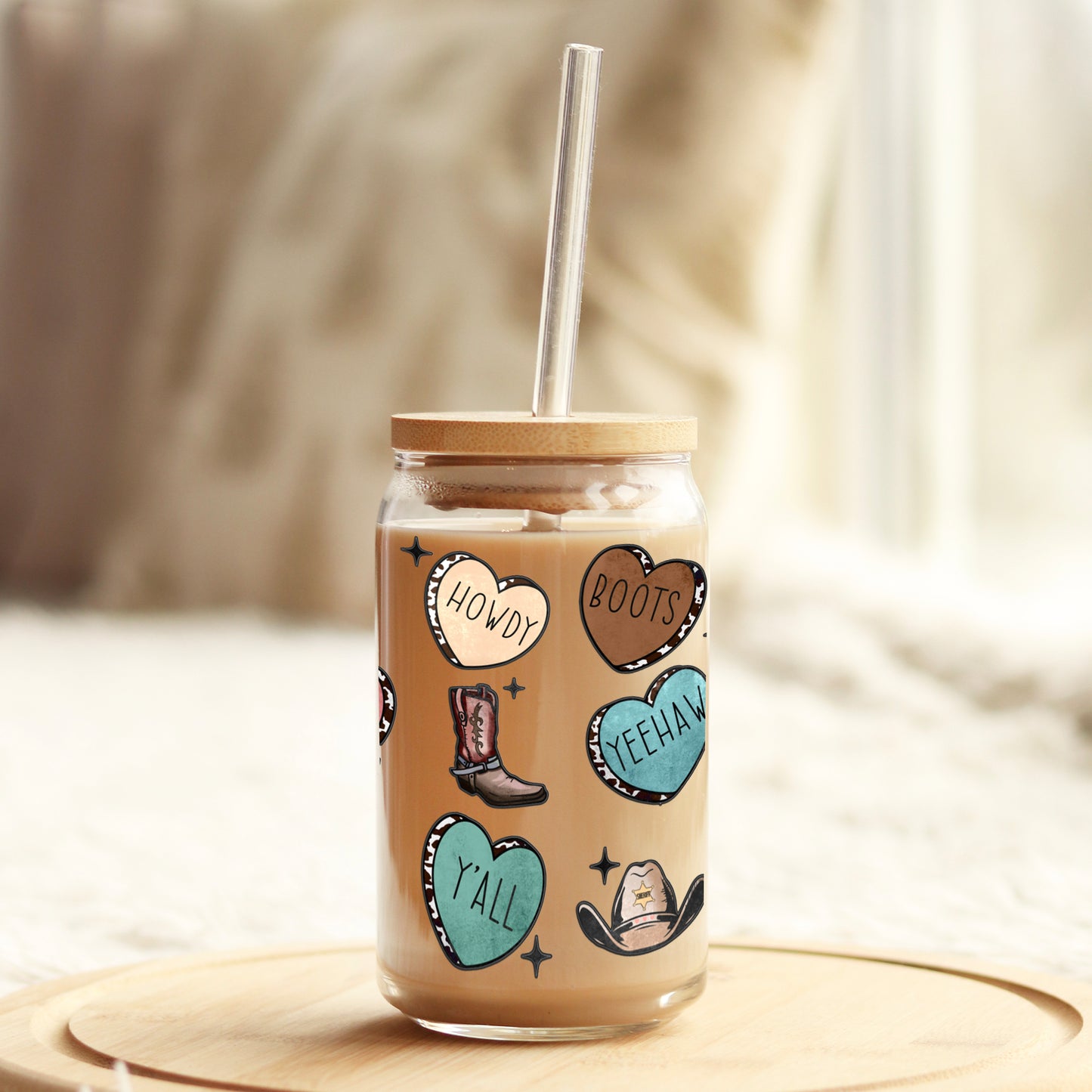 Western Conversation Hearts Valentine's Day 16oz Libbey Glass Can UV DTF or Sublimation Cup Wrap - Decal Transfer Weefers