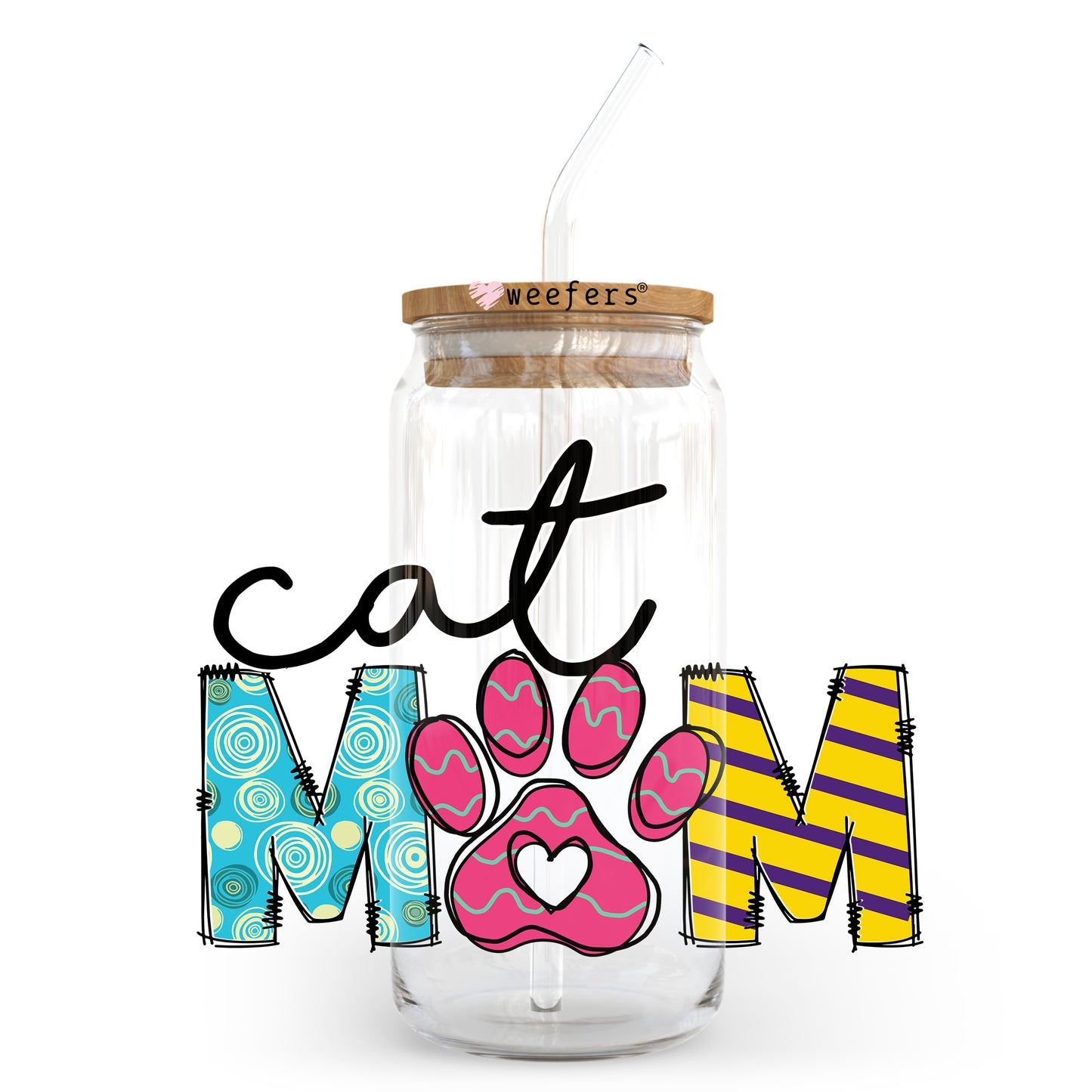 Cat Mom 20oz Libbey Glass Can UV DTF or Sublimation Wrap - Decal Transfer Weefers
