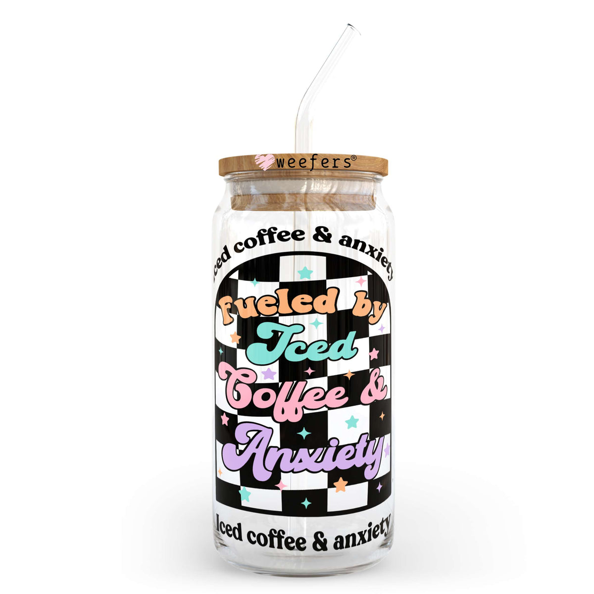 Fueled by Iced Coffee and Anxiety Checkered 20oz Libbey Glass Can, 34oz Hip Sip, 40oz Tumbler UV DTF or Sublimation Decal Transfer Weefers