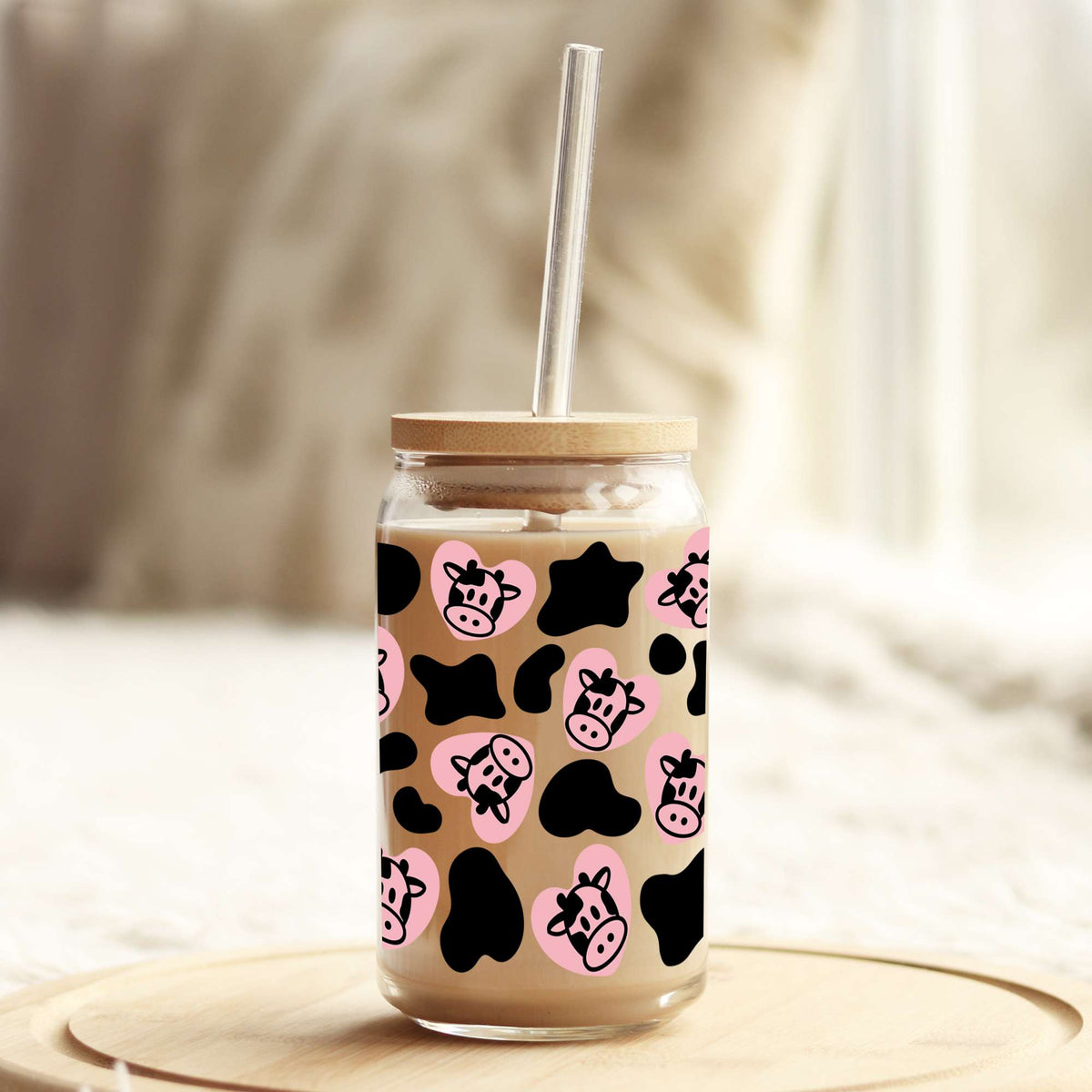 Pink and Black Cows Print 16oz Libbey Glass Can UV DTF or Sublimation Cup Wrap - Decal Transfer Weefers