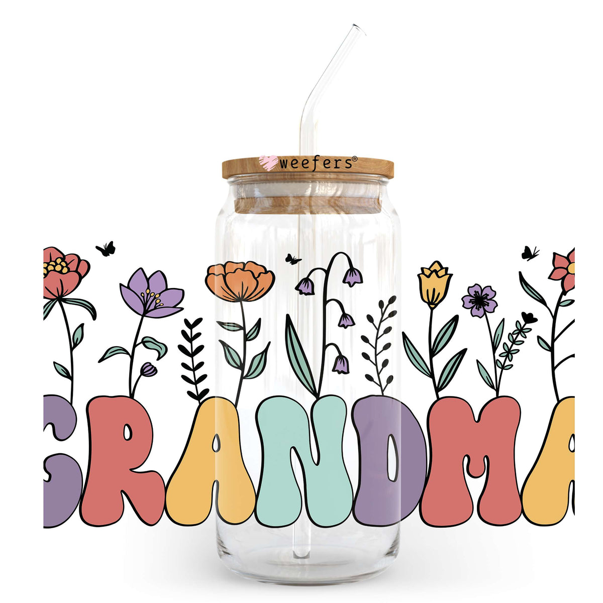 Grandma Retro Flowers 20oz Libbey Glass Can UV DTF or Sublimation Wrap - Decal Transfer Weefers