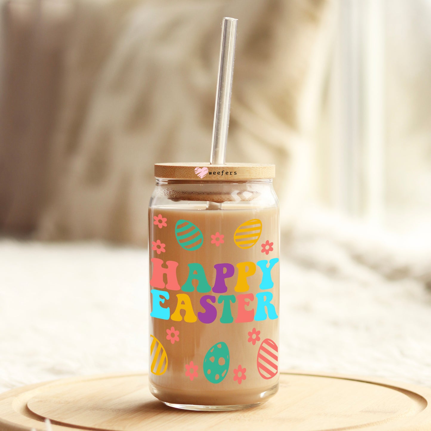 Happy Easter Eggs 16oz Libbey Glass Can UV DTF or Sublimation Cup Wrap - Decal Transfer Weefers