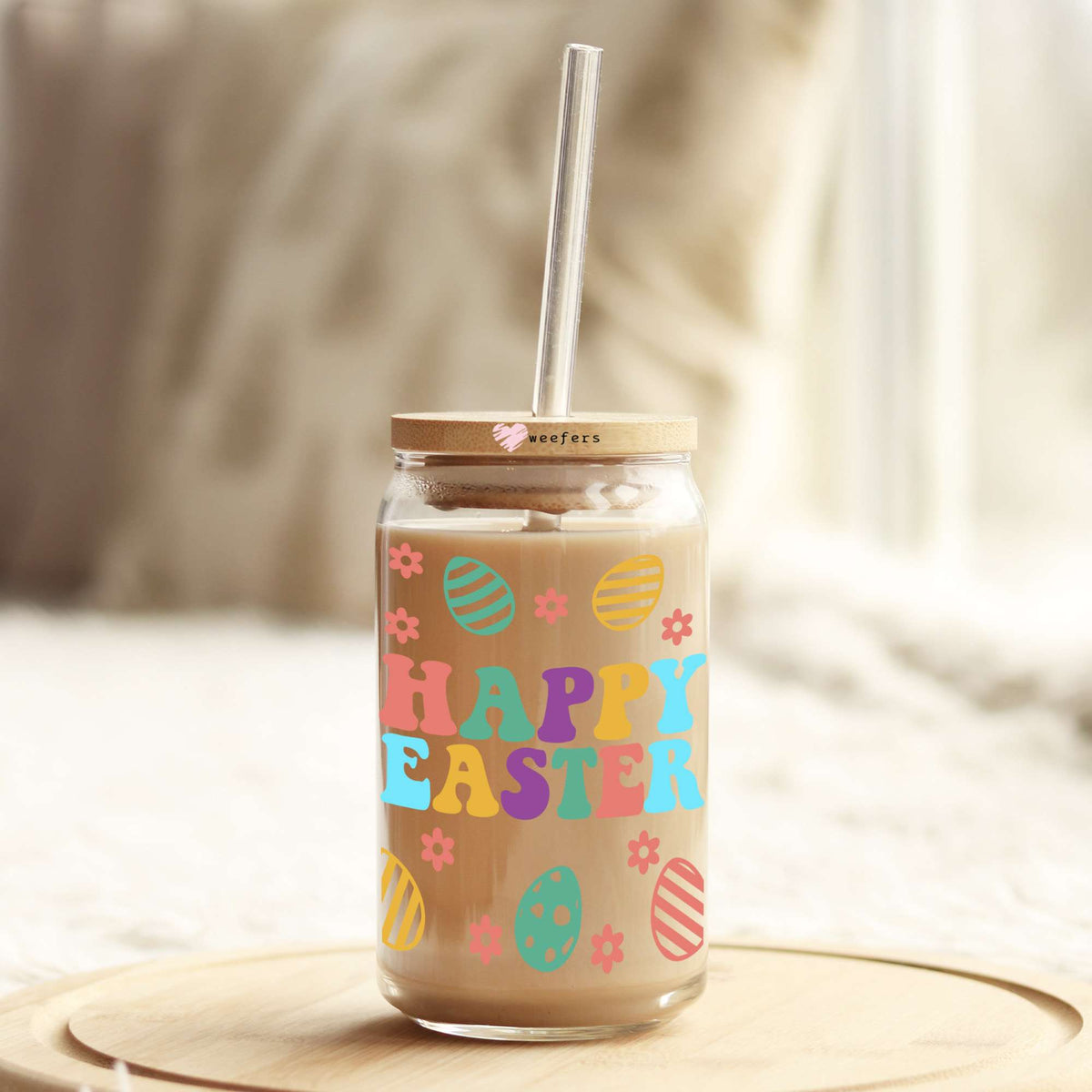 Happy Easter Eggs 16oz Libbey Glass Can UV DTF or Sublimation Cup Wrap - Decal Transfer Weefers