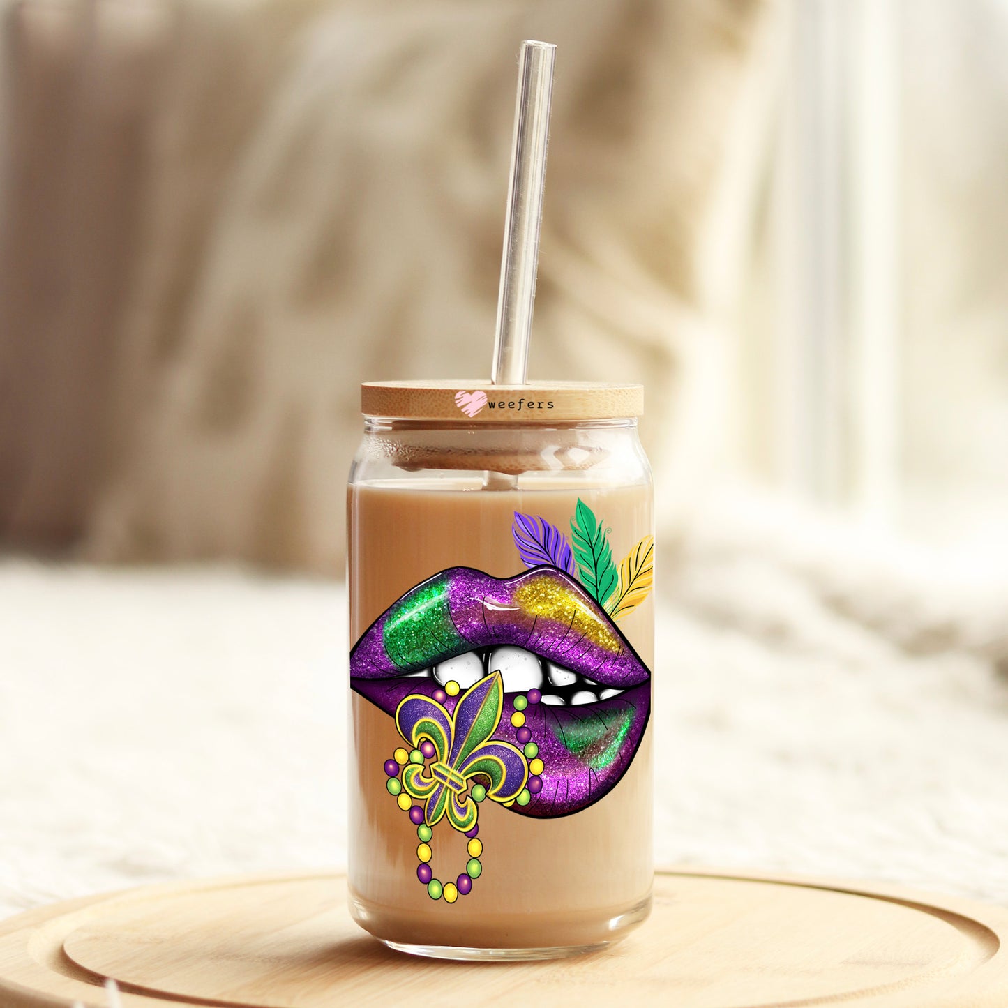 Lips Mardi Gras 16oz Libbey Glass Can UV DTF or Sublimation Cup Wrap - Decal Transfer Weefers