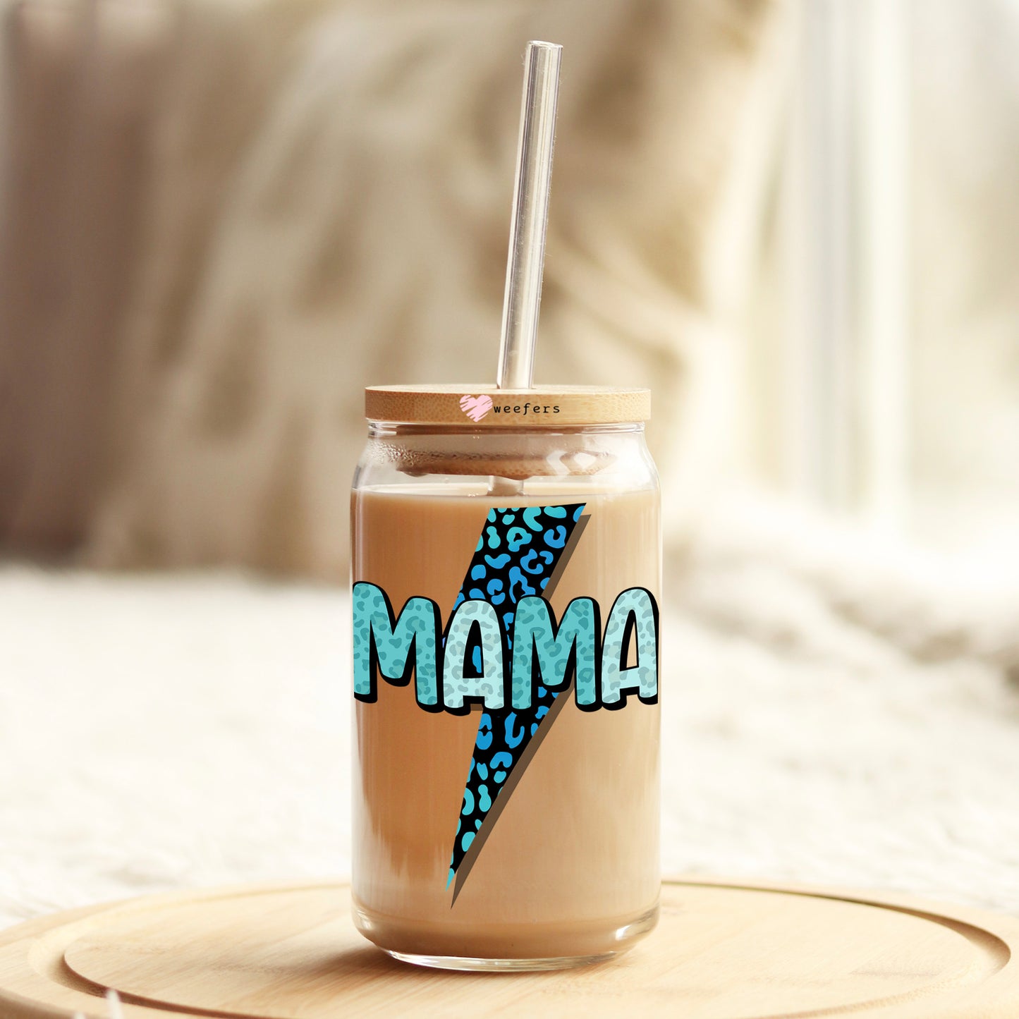 Blue Mama Lightening Bolt 16oz Libbey Glass Can UV DTF or Sublimation Cup Wrap - Decal Transfer Weefers