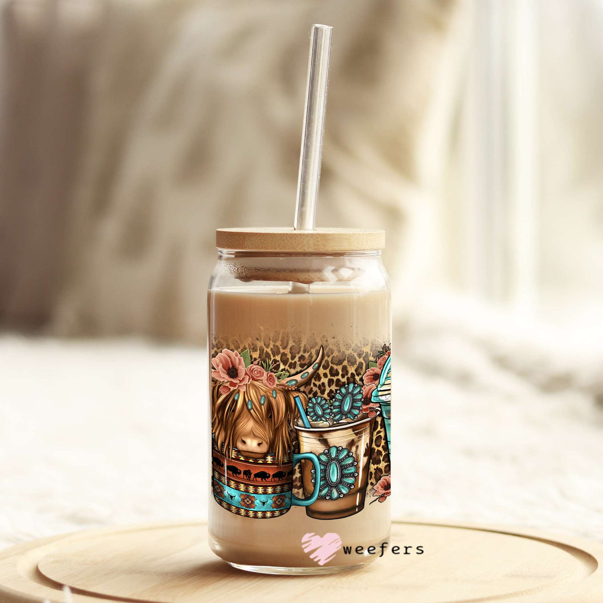 Serape Cow Coffee Latte 16oz Libbey Glass Can UV DTF or Sublimation Wrap - Decal Weefers