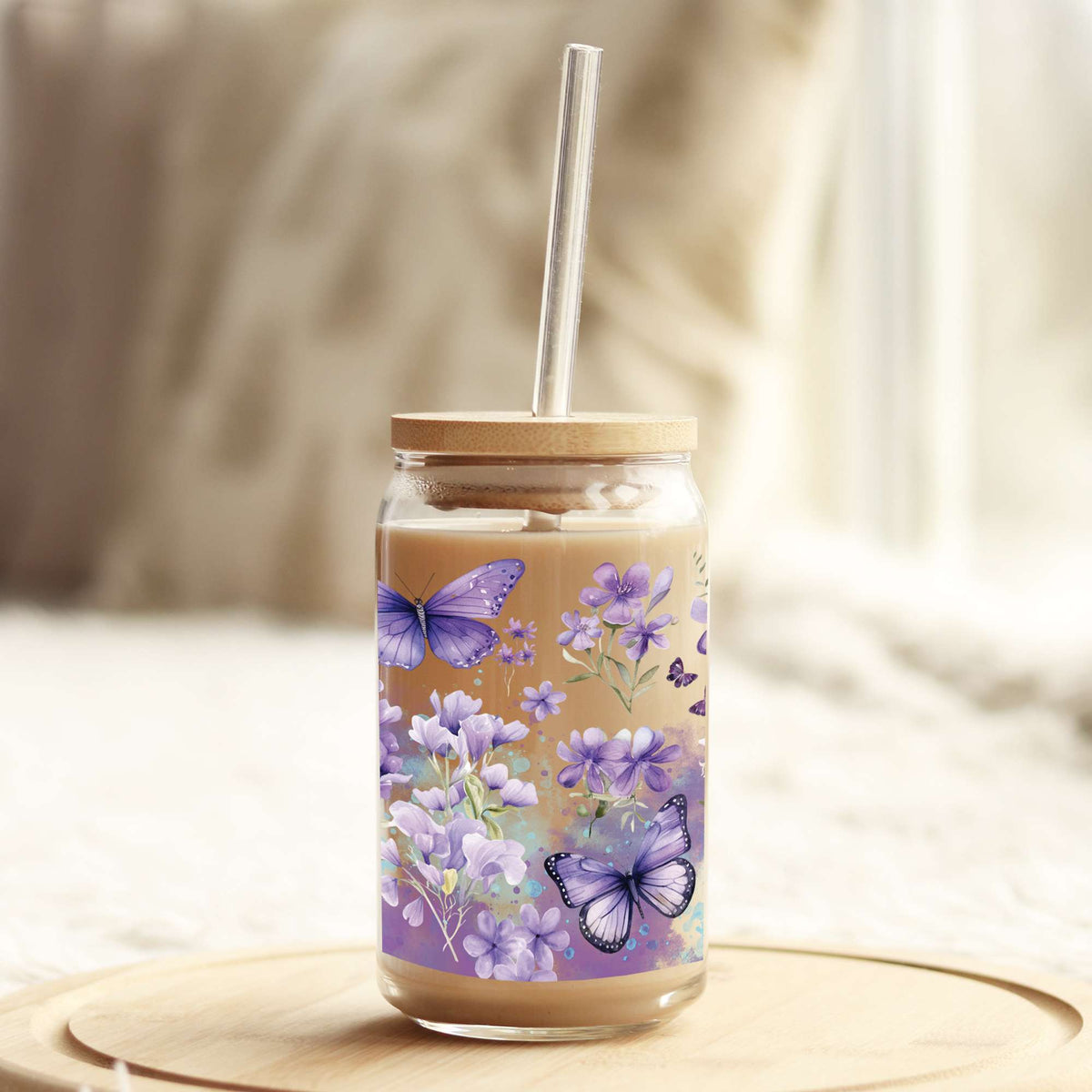Purple Butterflies and Florals 16oz Libbey Glass Can UV DTF or Sublimation Wrap - Decal Weefers