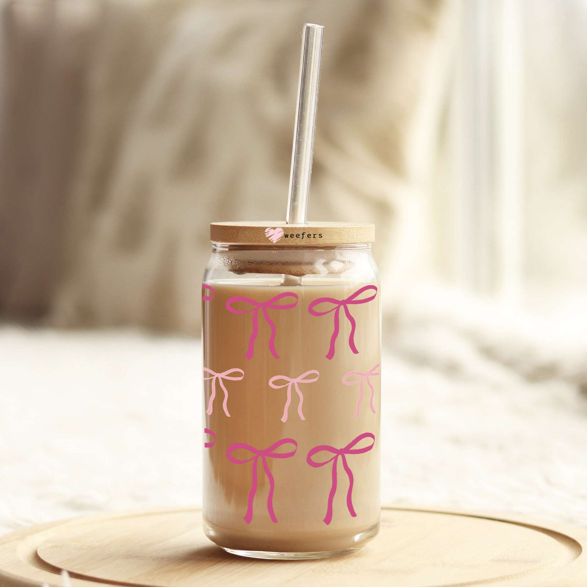 Coquette Light and Hot Pink Ribbons 16oz Libbey Glass Can UV DTF or Sublimation Cup Wrap - Decal Transfer Weefers