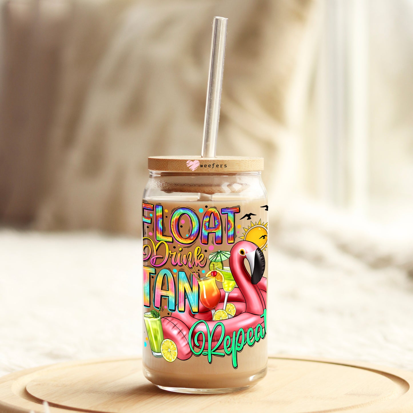Float Drink Tan Repeat 16oz Libbey Glass Can UV DTF or Sublimation Cup Wrap - Decal Transfer Weefers