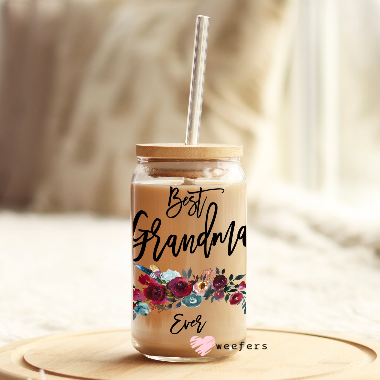 Best Grandma Ever Floral Swag 16oz Libbey Glass Can UV DTF or Sublimation Wrap - Decal Weefers