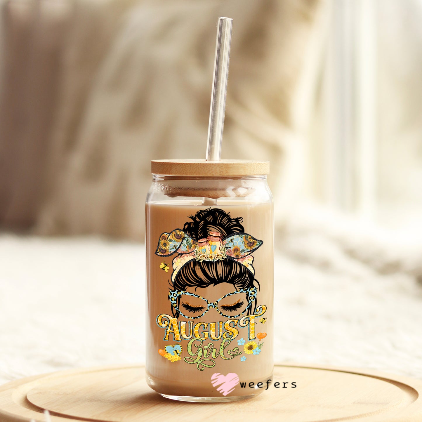 Messy Bun August Girl Birthday Month 16oz Libbey Glass Can UV DTF or Sublimation Wrap - Decal Weefers