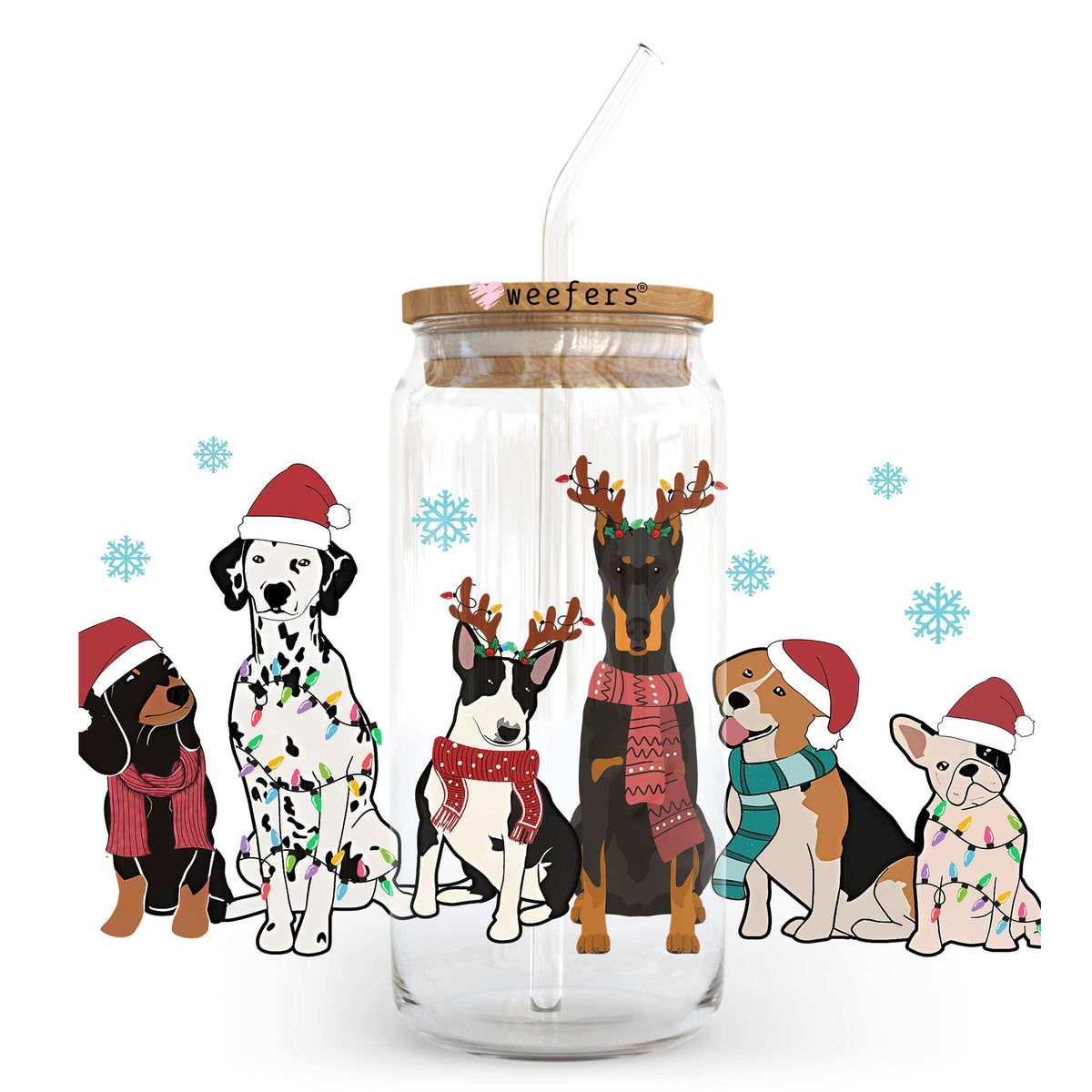 Colorful Christmas Dog Friends 20oz Libbey Glass Can, 34oz Hip Sip, 40oz Tumbler UV DTF or Sublimation Decal Transfer Weefers