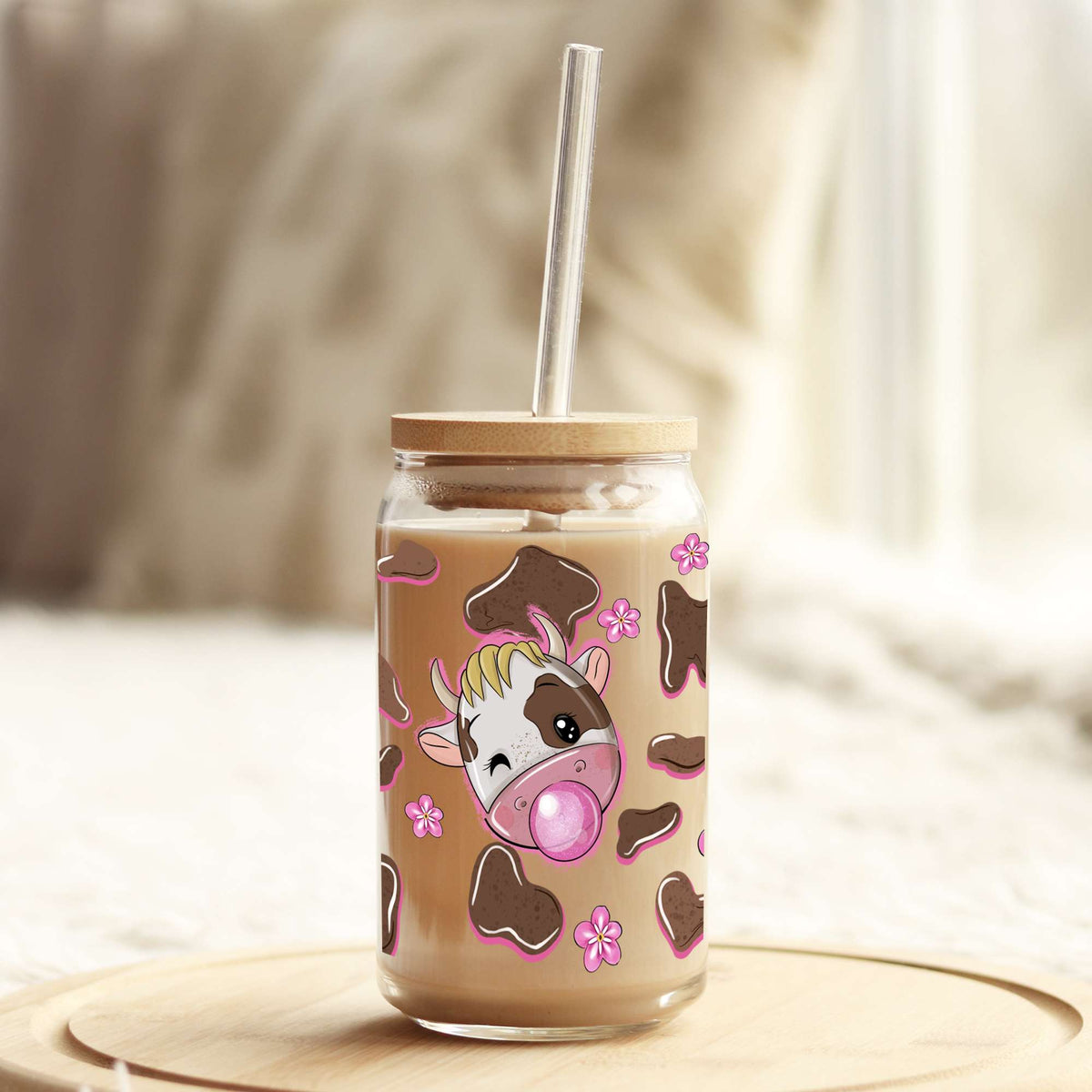 Bubble Blowing Brown and Pink Cow 16oz Libbey Glass Can UV DTF or Sublimation Cup Wrap - Decal Transfer Weefers
