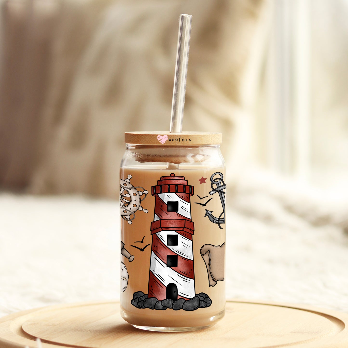 Lighthouse 16oz Libbey Glass Can UV DTF or Sublimation Cup Wrap - Decal Transfer Weefers