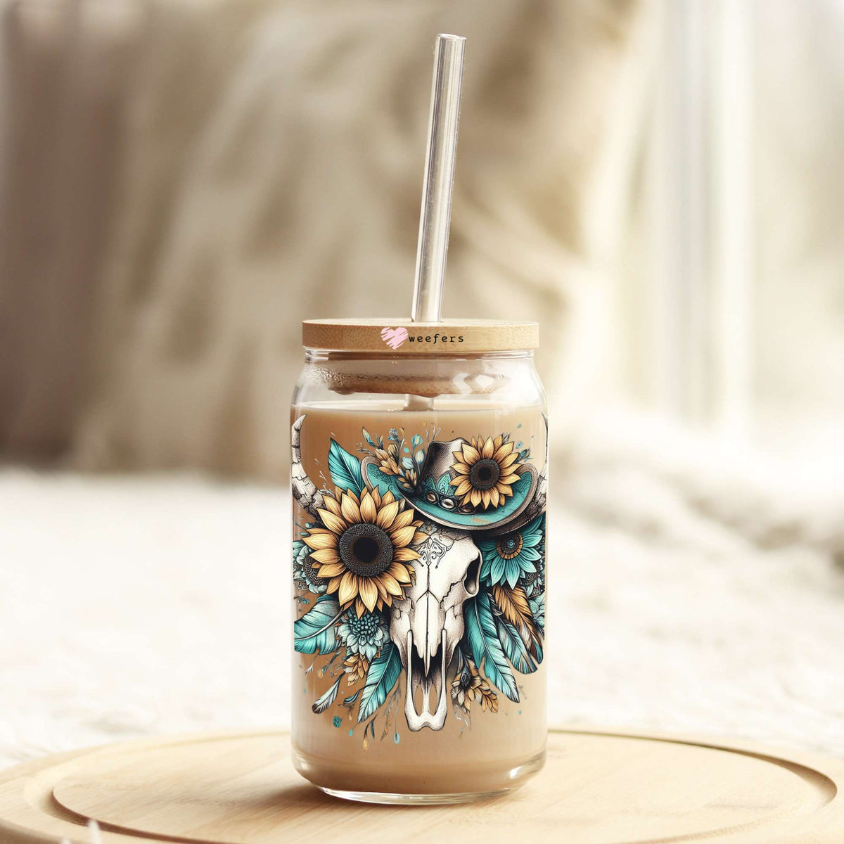 Sunflower Teal Cow Skull 16oz Libbey Glass Can UV DTF or Sublimation Cup Wrap - Decal Transfers Weefers