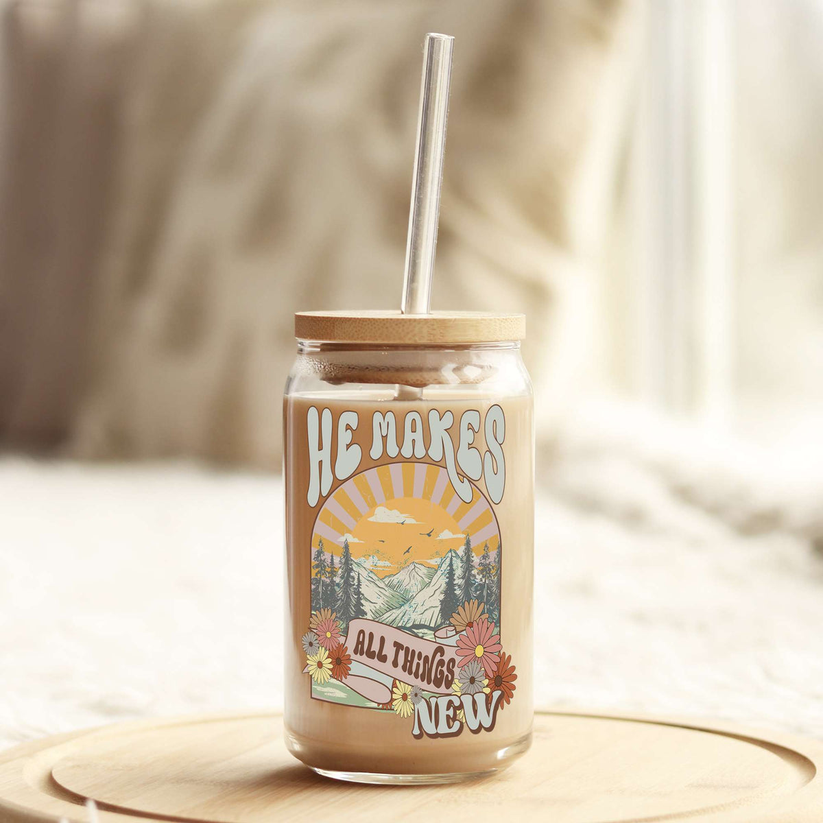 He makes all things new Christian 16oz Libbey Glass Can UV DTF or Sublimation Wrap - Decal Weefers