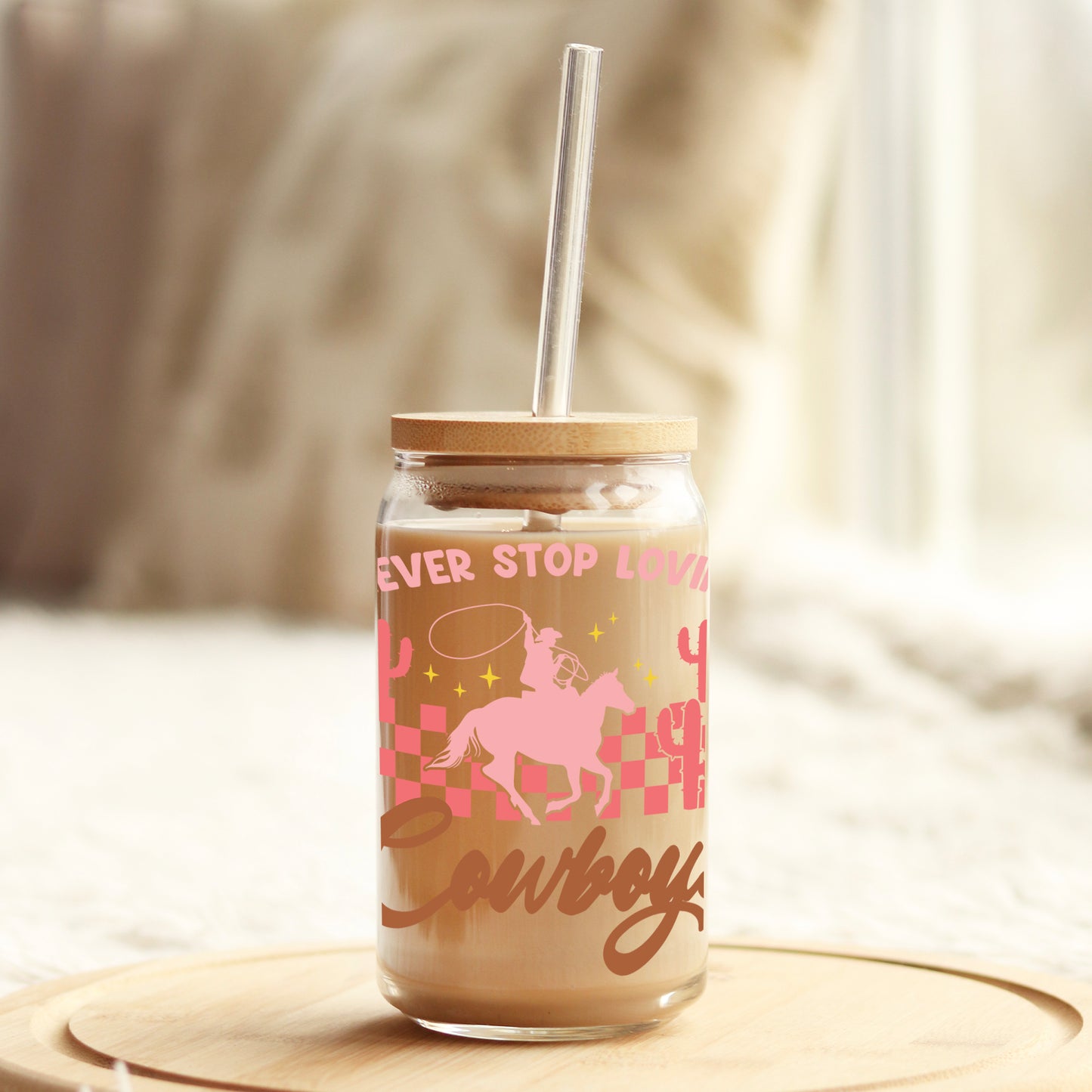 Never Stop Lovin' Cowboys Valentine's Day 16oz Libbey Glass Can UV DTF or Sublimation Cup Wrap - Decal Transfer Weefers