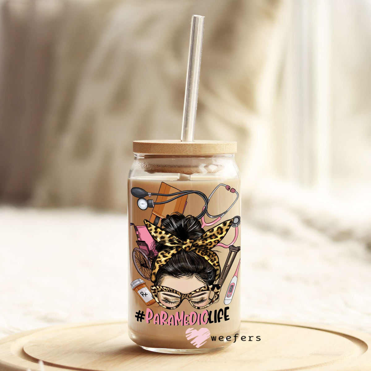 Messy Bun Paramedic 16oz Libbey Glass Can UV DTF or Sublimation Wrap - Decal Weefers