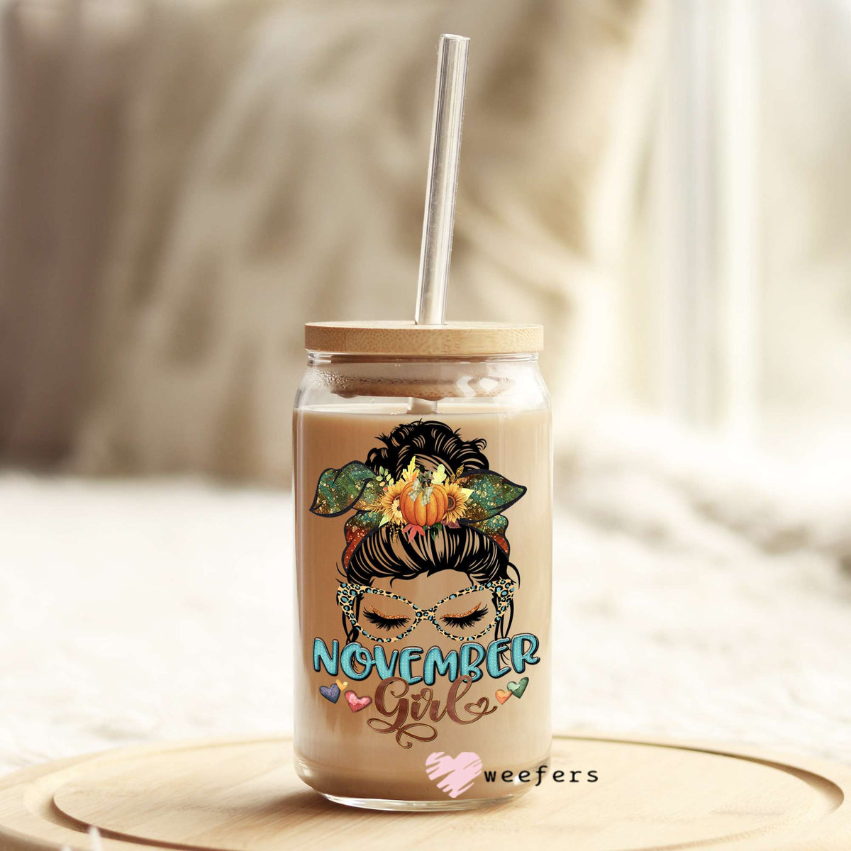 Messy Bun November Girl Birthday Month 16oz Libbey Glass Can UV DTF or Sublimation Wrap - Decal Weefers