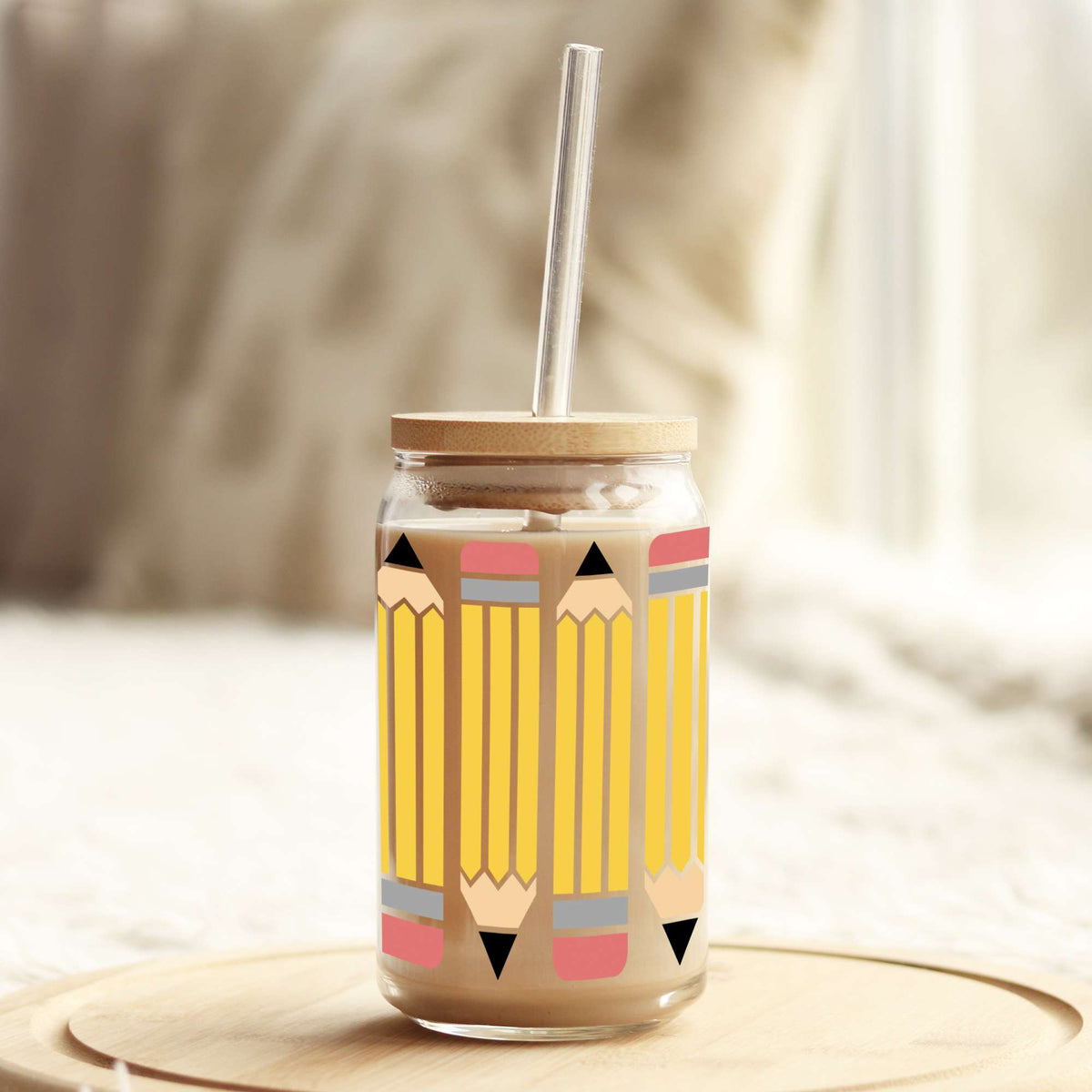 Yellow Pencils Teacher 16oz Libbey Glass Can UV DTF or Sublimation Cup Wrap - Decal Transfer Weefers