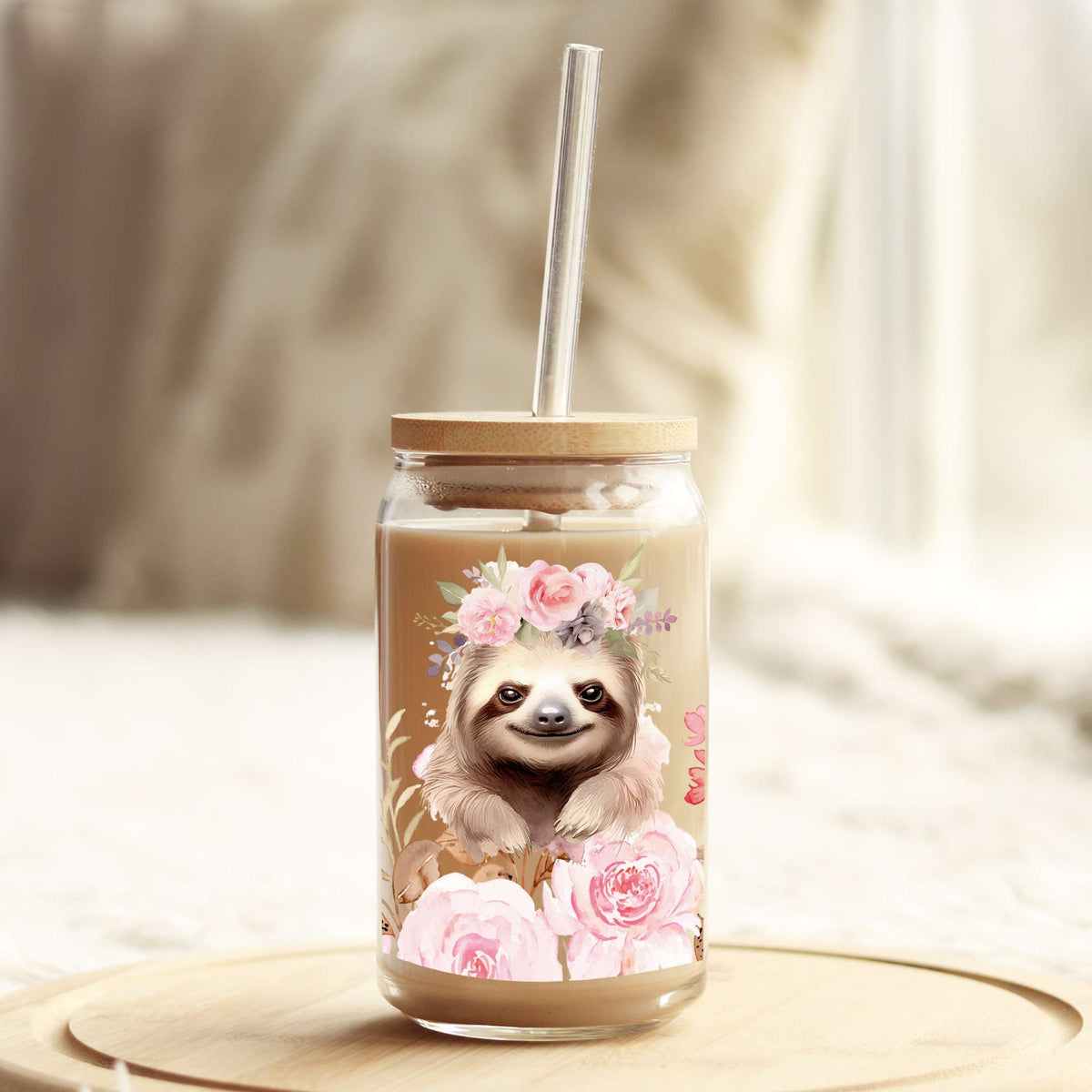Pink Floral Sloth 16oz Libbey Glass Can UV DTF or Sublimation Cup Wrap - Decal Transfer Weefers