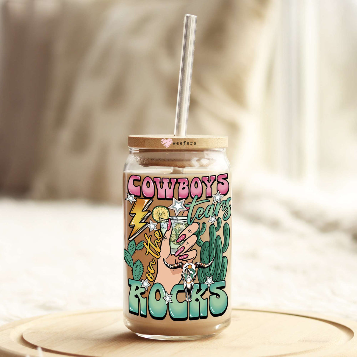 Cowboy Tears on the Rocks 16oz Libbey Glass Can UV DTF or Sublimation Cup Wrap - Decal Transfer Weefers
