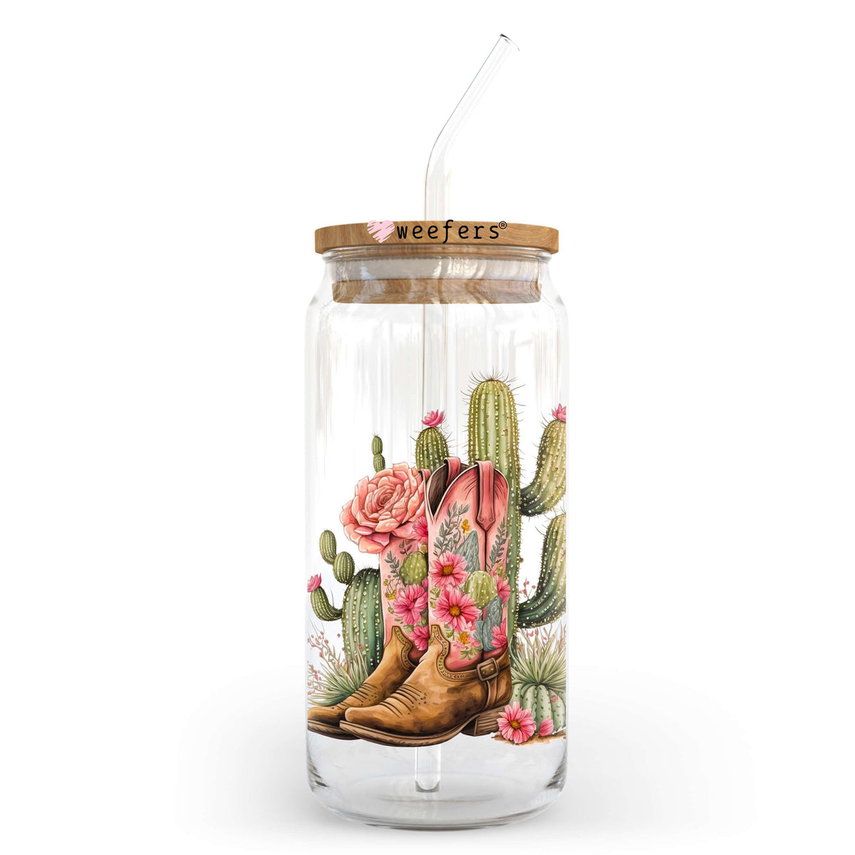 Floral Cactus Cowgirl Boots 20oz Libbey Glass Can UV DTF or Sublimation Wrap - Decal Transfer Weefers