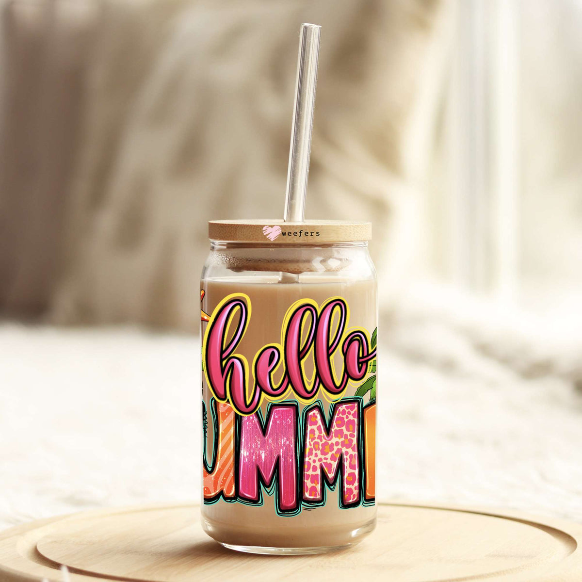 Hello Summer Palm Trees 16oz Libbey Glass Can UV DTF or Sublimation Cup Wrap - Decal Transfers Weefers