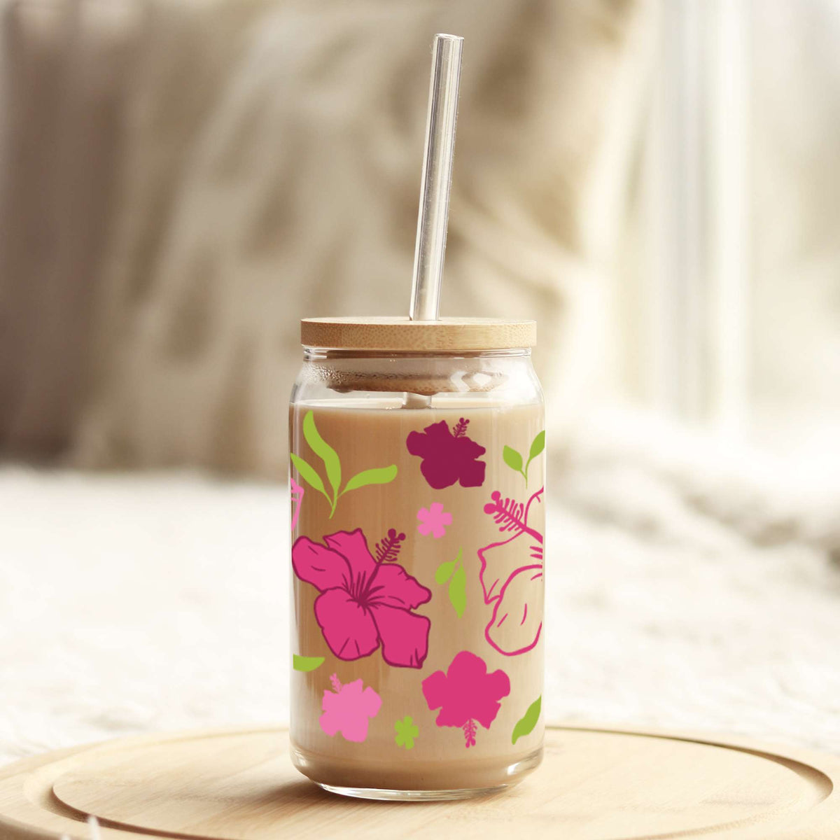 Bright Hibiscus 16oz Libbey Glass Can UV DTF or Sublimation Cup Wrap - Decal Transfer Weefers