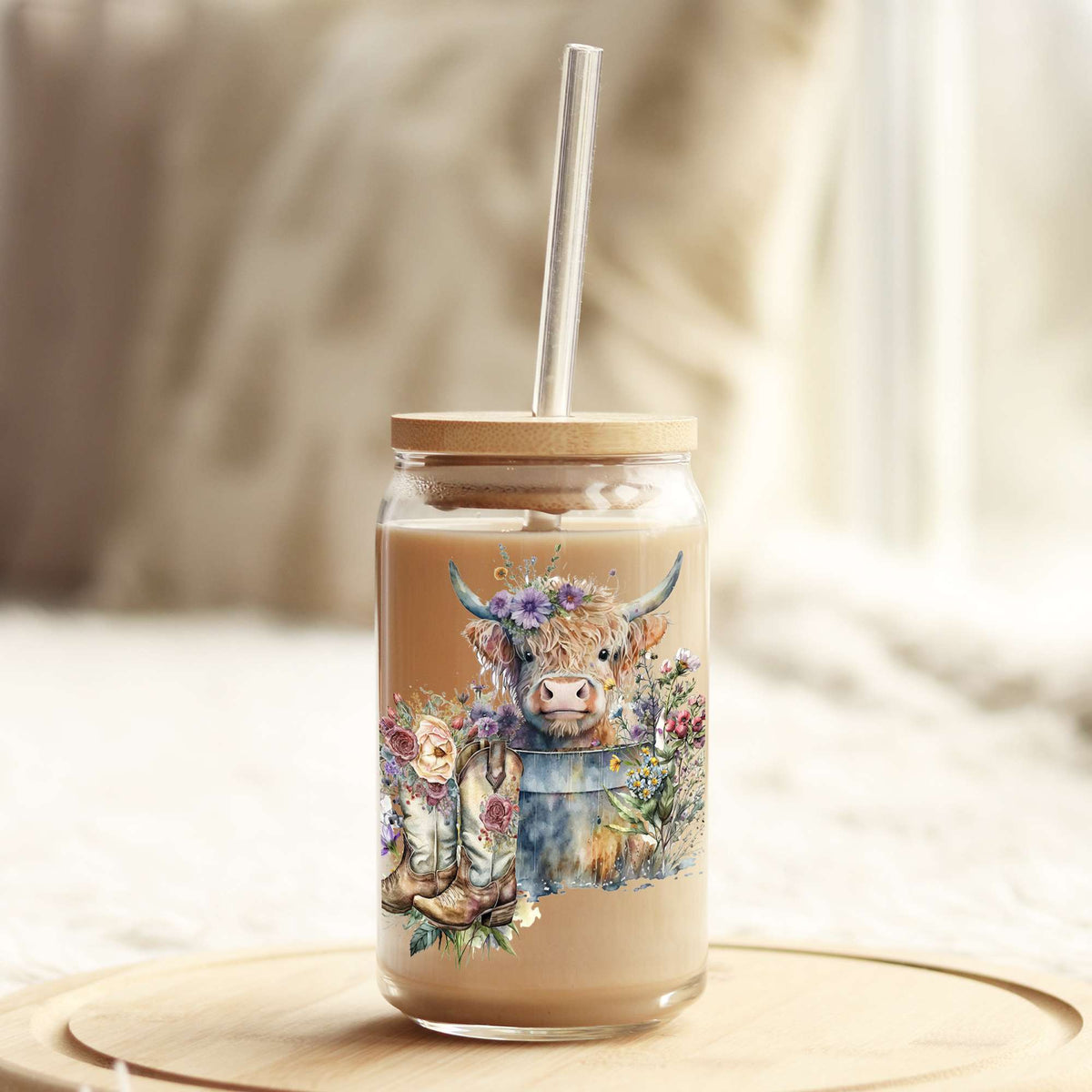 Baby Highlander Cow and Cow boots 16oz Libbey Glass Can UV DTF or Sublimation Cup Wrap - Decal Transfer Weefers