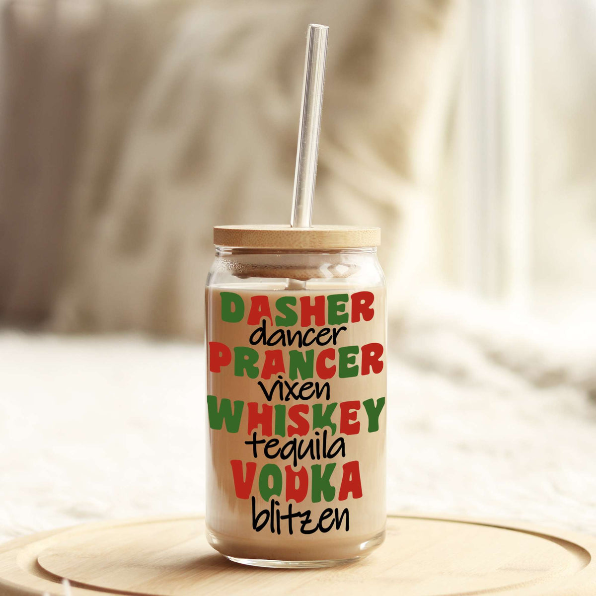 Funny Dasher Dancer Christmas 16oz Libbey Glass Can UV DTF or Sublimation Wrap - Decal Weefers