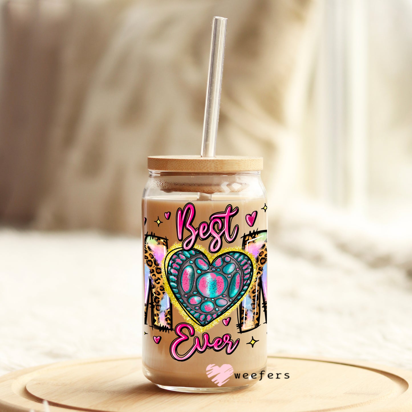 Best Mom Ever Heart 16oz Libbey Glass Can UV DTF or Sublimation Wrap - Decal Weefers