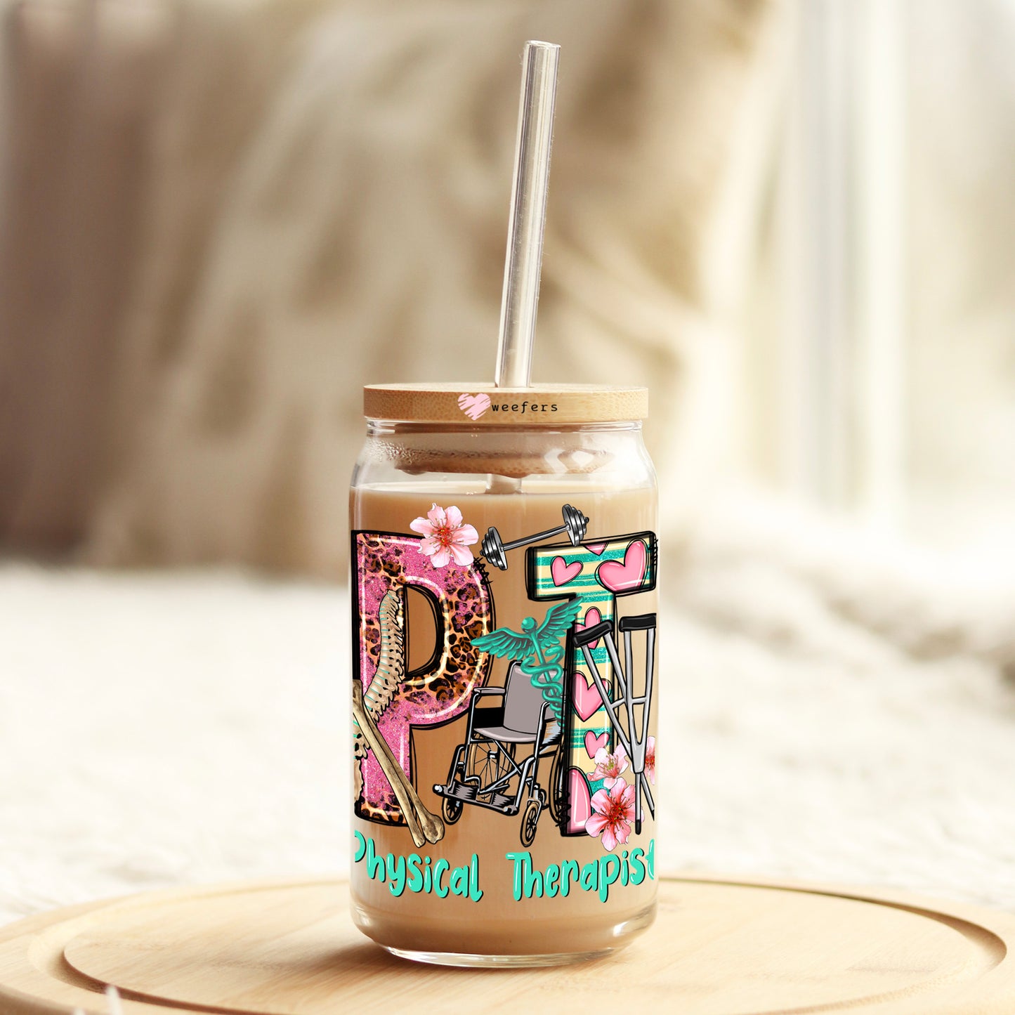 Physical Therapist Pinks and Teal 16oz Libbey Glass Can UV DTF or Sublimation Cup Wrap - Decal Transfer Weefers