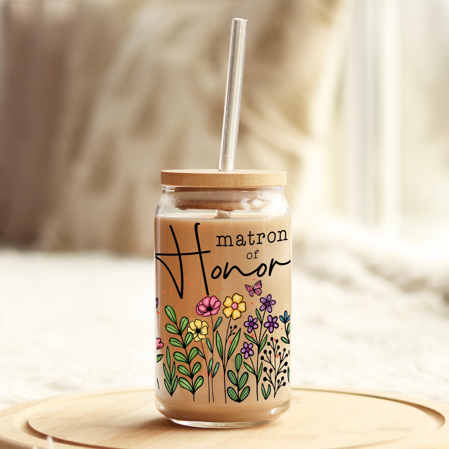 Matron of Honor Wildflowers 16oz Libbey Glass Can UV DTF or Sublimation Wrap - Decal Weefers