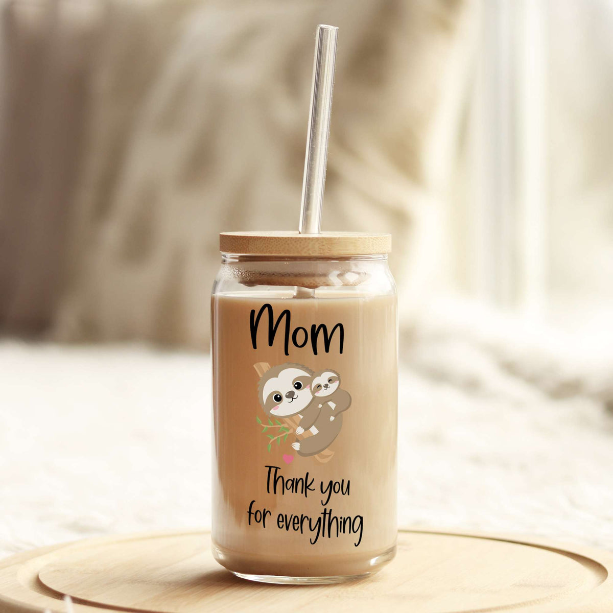 Mom Thank you for Everything Sloth 16oz Libbey Glass Can UV DTF or Sublimation Wrap - Decal Weefers