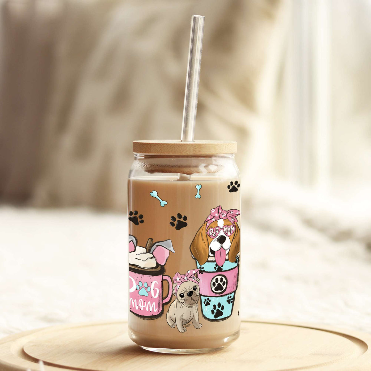 Dog Mom Pink Latte 16oz Libbey Glass Can UV DTF or Sublimation Wrap - Decal Weefers