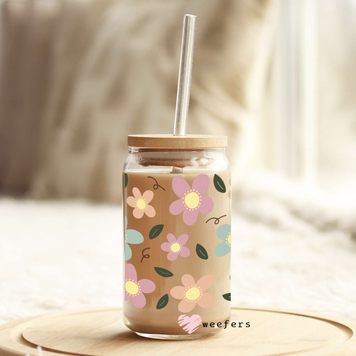 Retro Boho Daisies 16oz Libbey Glass Can UV DTF or Sublimation Wrap - Decal Weefers