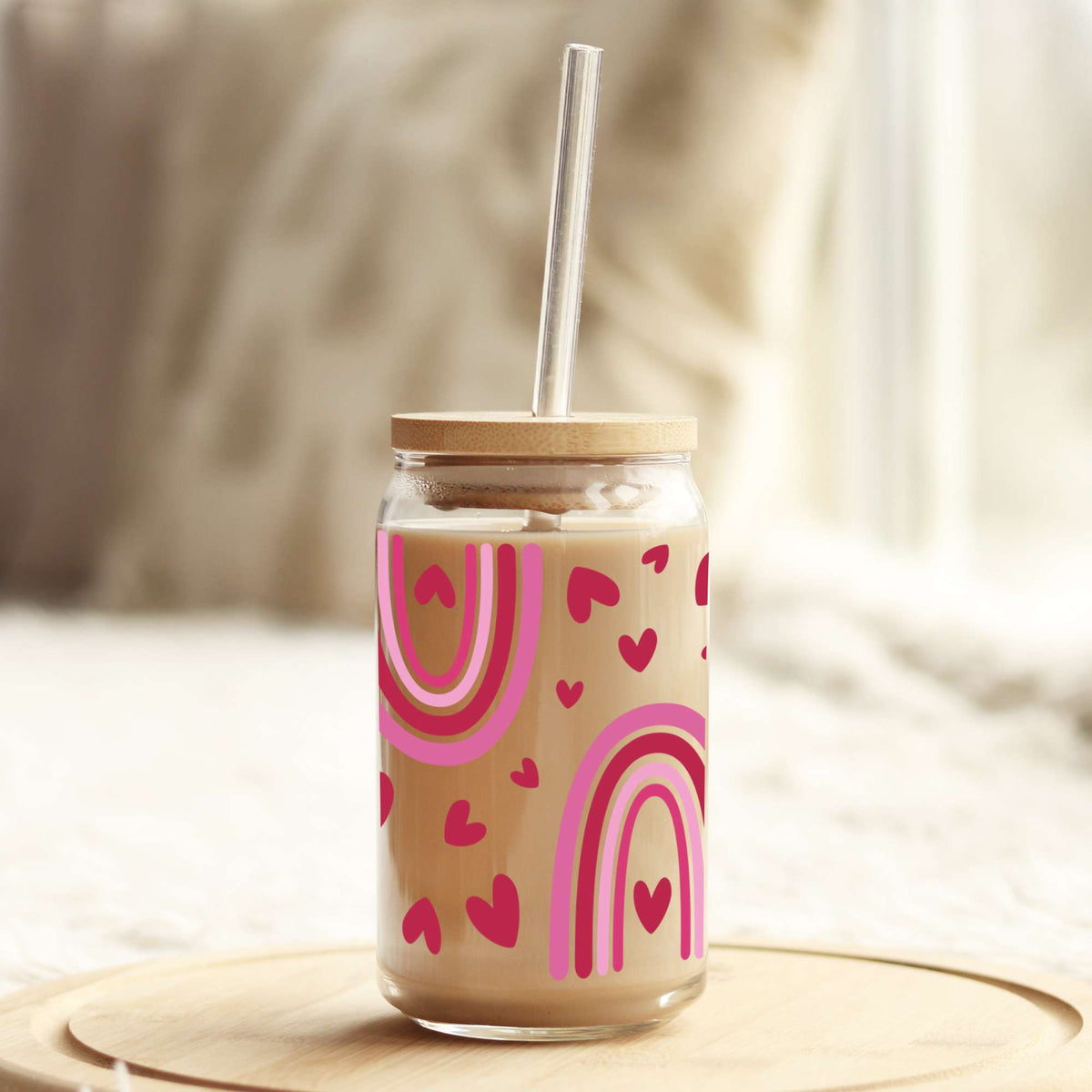 Valentine's Day Rainbows and Hearts 16oz Libbey Glass Can UV DTF or Sublimation Cup Wrap - Decal Transfer Weefers