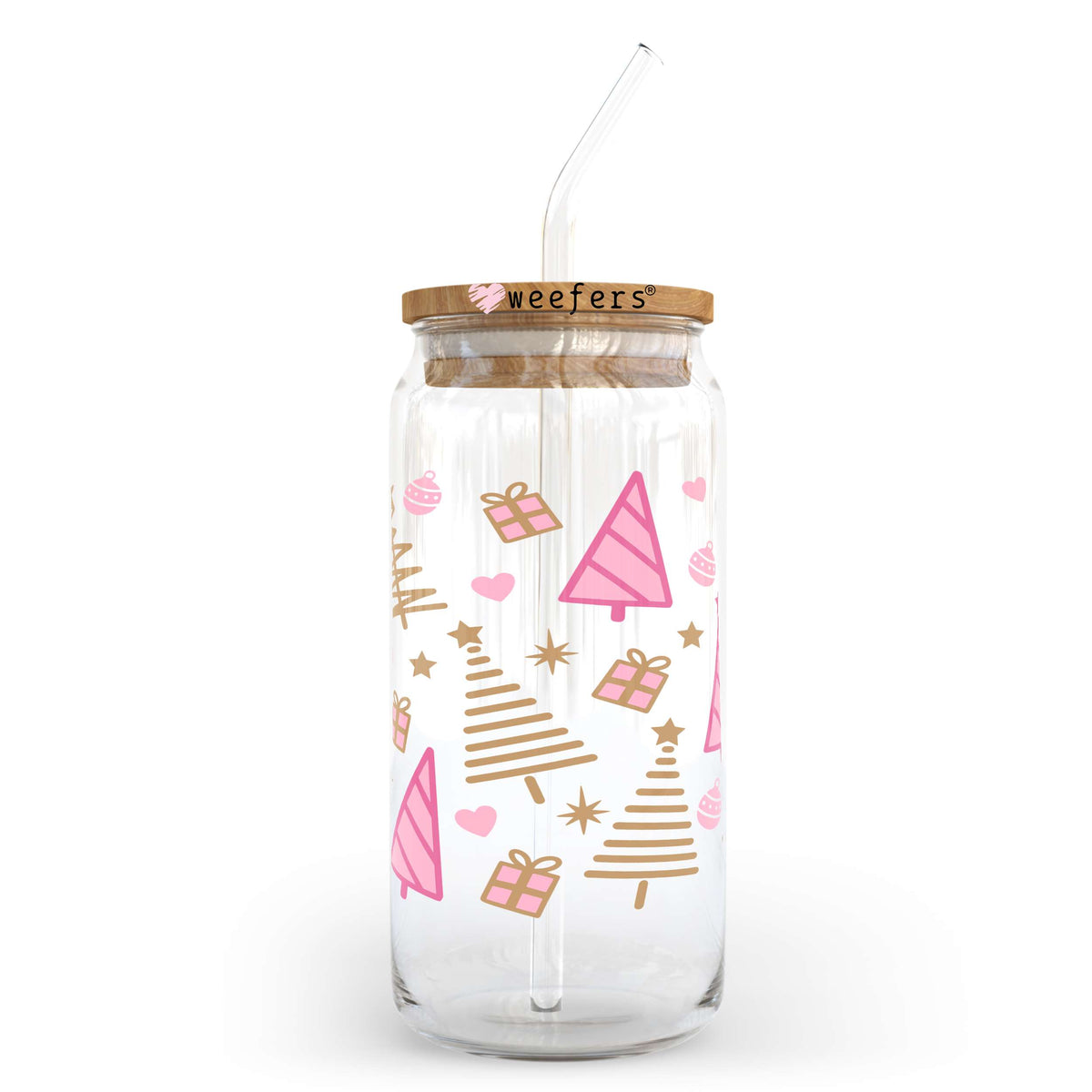 Christmas Pink and Gold Doodle Trees 20oz Libbey Glass Can, 34oz Hip Sip, 40oz Tumbler UV DTF or Sublimation Decal Transfer Weefers